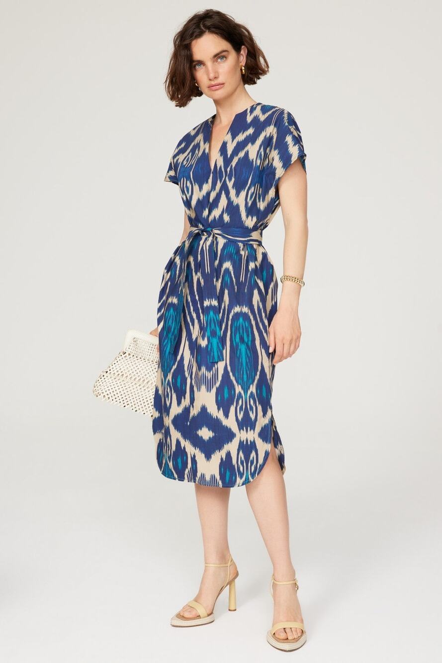 VANESSA BRUNO Blue Printed 100% Cotton V-Neck Belted Amarillo Dress Size 42